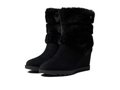 Koolaburra by UGG Cardina - Women's Shoes : Black : Keep it stylish in the soft and cozy Koolaburra by UGG Cardina boots. Leather and textile upper with synthetic overlays and waterproof functionality to keep your feet warm and dry. Faux-fur lining. Lightly padded footbed. Side zipper closure. Round-toe construction. Durable and sturdy rubber outsole. Imported. Single boot weighs 14 oz. Measurements: Heel Height: 2 3 4 in Weight: 14 oz Shaft: 7 1 4 in Platform Height: 3 5 in Product measurements Koolaburra By Ugg, Black Shoes Women, Boots Leather, Shoes Black, Wedge Boot, Side Zipper, Women's Shoes, Faux Fur, Heel Height