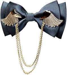 An elegant accent to any evening look, this men's bowtie features an adjustable metal chain with subtle golden wings for sophisticated style. Made of dark grey polyester, the bowtie is adjustable to fit a variety of neck sizes. An essential accessory for any special occasion. Imported Fashion size: 4.72 inches x 2.36 inches Package: including 1 piece of bow tie and a luxury Gift Box Mens Bowtie, Metal Wings, Golden Wings, Winter Knit Hats, Luxury Gift Box, Boot Accessories, Sunglass Frames, Sophisticated Style, Metal Chain