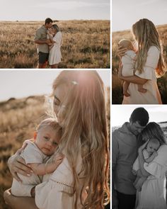 a couple and their baby are posing for pictures in the field