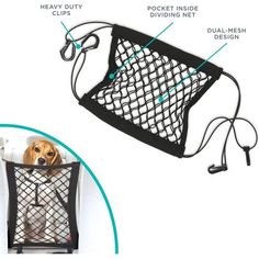 a dog sitting in a mesh bag with instructions on how to use the leash holder