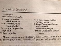 the recipe for loretto dressing is shown in an old book, with instructions on how to use it