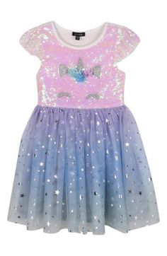 Iridescent sequins and foil-print stars sparkle all over this enchanting unicorn dress that will have your little one looking forward to the next party. Slips on over head Lined 95% polyester, 5% spandex; 100% polyester contrast Hand wash, line dry Imported Mesh Party Dress, Big Girl Dresses, Unicorn Dress, Foil Print, Nordstrom Dresses, Looking Forward, First Look, Sequin, Foil