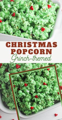 green christmas popcorn is in a white bowl with red sprinkles