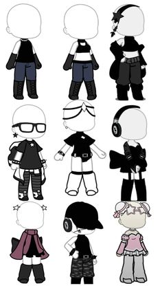 the paper dolls are all dressed up in different outfits and hats, with headphones on