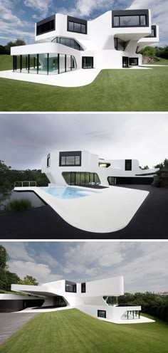 three different views of a modern house in the countryside