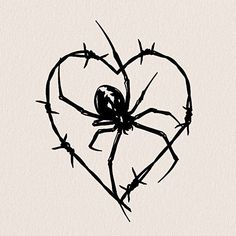 a black and white drawing of a spider in a heart