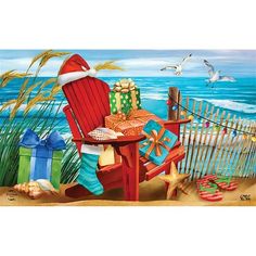 a painting of a beach scene with a santa hat on a chair and presents in the sand