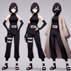 three different views of an anime character in black and white outfits, one with her hands on her hips