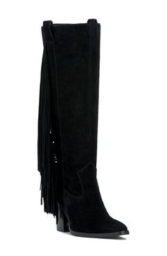 Swingy fringe cascades down the side of a statement-making knee-high boot balanced by a slender toe and stacked block heel. 3" heel 15 1/4" shaft; 15 3/4" calf circumference Pull-on style Leather upper/synthetic lining and sole Imported Extra Wide Calf Boots, Vince Camuto Boots, Walker Shoes, Fringe Boots, Platform Slippers, Wide Calf Boots, Suede Fringe, Wide Calf, Calf Boots