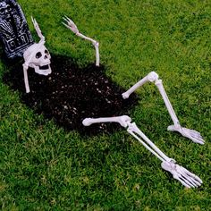 a skeleton laying in the grass next to a pile of dirt with forks sticking out of it