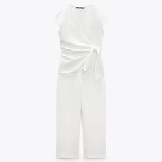 Nwt. Zara Ecru Knotted Wrap Short Sleeves Jumpsuit With Surplice V-Neckline. Front Knot. Straight Leg. Side Hidden In-Seam Zip Closure. Size M. Ref. 0387/060. Pit To Pit 19" Flat, Shoulders 20", Waist 15,5", Rise 13,5", Inseam 27", Length 58". Elegant White V-neck Jumpsuit, Chic White Jumpsuits And Rompers For Spring, White Summer Jumpsuits And Rompers For Work, Elegant Beige Summer Pantsuit, White V-neck Jumpsuits And Rompers For Formal Occasions, White Fitted V-neck Pantsuit, Elegant Zara Jumpsuits And Rompers, White Fitted Zara Pantsuit, Fitted White Zara Pantsuit