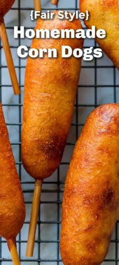 homemade corn dogs on a wire rack with text overlay