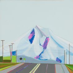 an oil painting of a road with a mountain in the background and power lines running through it