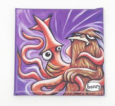 a painting of an octopus and a bird on a purple background with the word henry written below it