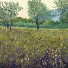 an oil painting of trees and grass in a field with purple flowers on the ground