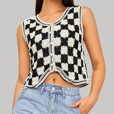 Wore Once Brand New Condition Size Small Checkered Top Crochet, Crochet Checkered Sweater Vest Pattern Free, Crochet Vest Black And White, Crochet Checkered Vest, Black And White Checkered Sweater Vest, Checkered Crochet, Crochet Vest, Black Cream, Womens Tops