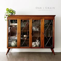 an oak and glass cabinet with plants on top