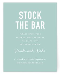 the stock the bar wedding card is shown in light blue with white lettering on it