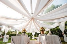 the inside of a tent with tables and chairs set up for an outdoor wedding reception