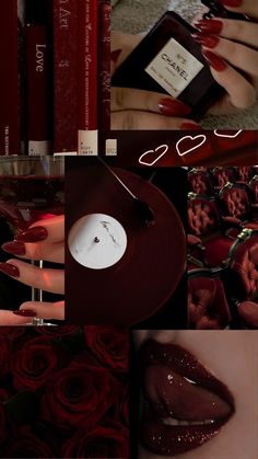 the collage shows red lipstick and other items in different pictures, including a record player