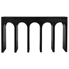 a black console table with four arches on it's sides and one curved section at the top