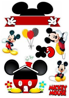 the mickey mouse stickers are all different shapes and sizes, but one is red