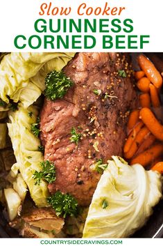 slow cooker guinness corned beef with cabbage, carrots and parsley in a cast iron skillet