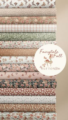 an assortment of fabric samples with the words fairy tale written in white on top of them