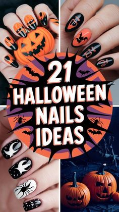 Halloween Nail Ideas Short, Halloween Nails Ideas, Halloween Acrylic Nails, Pumpkin Nails, Spring Nail Designs, Stylish Nails Designs, Painted Nail Art, Nail Art Pen, Halloween Nail Designs