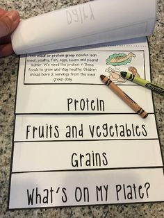 a hand holding a pen over a paper with fruits and vegetables on it that says, what's on my plate?