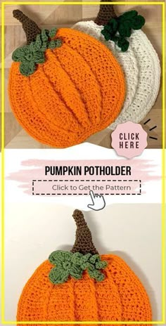 two crocheted pumpkins sitting on top of each other with the words pumpkin potholder