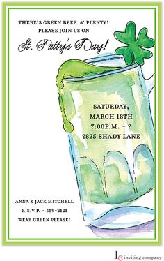 a st patrick's day party flyer with a green drink