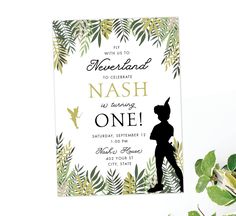 a birthday party card with the silhouette of a boy in front of leaves and greenery