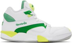 High-top buffed leather sneakers in white. · Perforated detailing at toe · Lace-up closure · Graphic appliqué at padded tongue · Padded collar · Logo embroidered at side and heel counter · Jersey lining · Hexalite foam EVA rubber midsole · Treaded rubber sole Supplier color: White/Green/Soacye White High-top Sneakers With Cushioned Footbed For Basketball, Reebok Pump Omni Zone Ii, Reebok Pump Fury, Reebok Insta Pump, Reebok Premier Road Modern, Reebok Classics, Reebok Sneakers, Classic Sneakers, Classic Leather