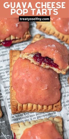 several small pastries with cranberry sauce on top and the words guava cheese pop tarts