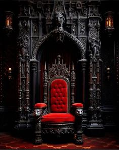 a red chair sitting on top of a wooden floor next to an ornate arch and pillars