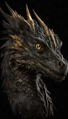 a close up of a dragon's head on a black background with gold accents