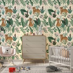 a baby's room with a tiger wallpaper and crib in the foreground