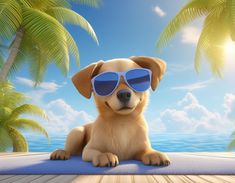 a dog wearing sunglasses sitting on a deck in front of palm trees and the ocean