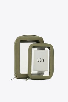 a green case with a white label on the front and side of it that says beis