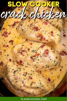 slow cooker gravy chicken in a skillet with text overlay