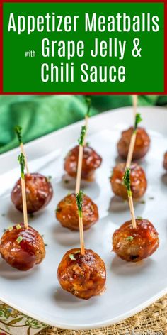 appetizer meatballs with grape jelly and chili sauce on a white platter