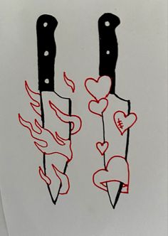 two knives with hearts and arrows drawn on them