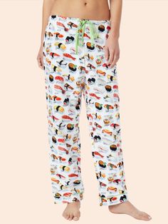 Main White Multicolor Cotton Sleepwear Long Pants, Multicolor Cotton Sleepwear Pants, Cotton Printed Bottoms For Pajama Party, Printed Cotton Bottoms For Pajama Party, Multicolor Cotton Sleepwear With Elastic Waistband, Multicolor Cotton Sleep Pants, Casual Printed Sleep Bottoms, Multicolor Elastic Waistband Sleepwear For Lounging, Relaxed Fit White Bottoms For Sleepover