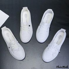 Olivia Mark - Breathable White Sneakers with Low-cut Design - White Shoes for Men and Women White Perforated Round Toe Slip-ons, Casual Slip-resistant Flat Sneakers, Casual White Closed Toe Canvas Shoes, Casual Sneakers With Perforations, Closed Toe, White Slip-on Canvas Shoes With Flat Heel, White Slip-resistant Flat Sneakers, White Casual Flat Slip-on Sneakers, Casual Lace-up Slip-ons With White Sole, White Flat Slip-on Sneakers Casual Style