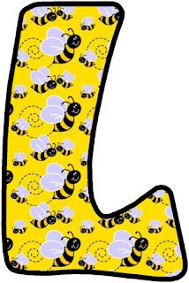 the letter l is made up of bees on a yellow background with black and white stripes