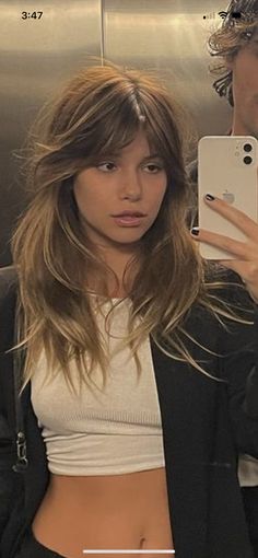 90s Shag Curtain Bangs, Long Bangs Balayage, French Bangs Layered Hair, 70s Curtain Bangs Long Hair Straight, Brunette 70s Hair, Visible Layers Hair, Long Haircut Edgy, Shag With Curtain Fringe Straight Hair, Long Layers And Fringe