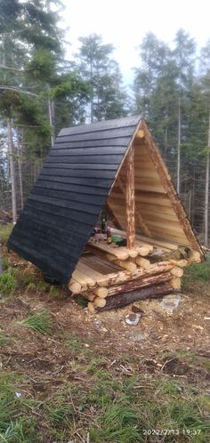 a small cabin made out of logs in the woods with a black roof and shingled windows