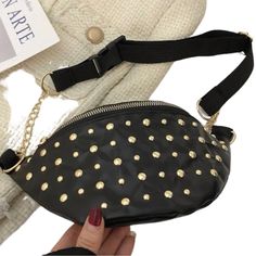 Precious Studded Waist Bag Brand New. Casual Shoulder Bag With Zipper Closure For Parties, Casual Gold Bags For Parties, Casual Party Shoulder Bag With Zipper Closure, Chic Black Belt Bag With Gold-tone Hardware, Chic Gold Belt Bag With Removable Pouch, Trendy Evening Belt Bag, Chic Black Large Capacity Belt Bag, Trendy Evening Shoulder Belt Bag, Casual Evening Bags With Gold-tone Hardware