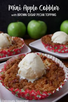 mini apple cobbler with brown sugar pecan topping on white plates and green apples in the background